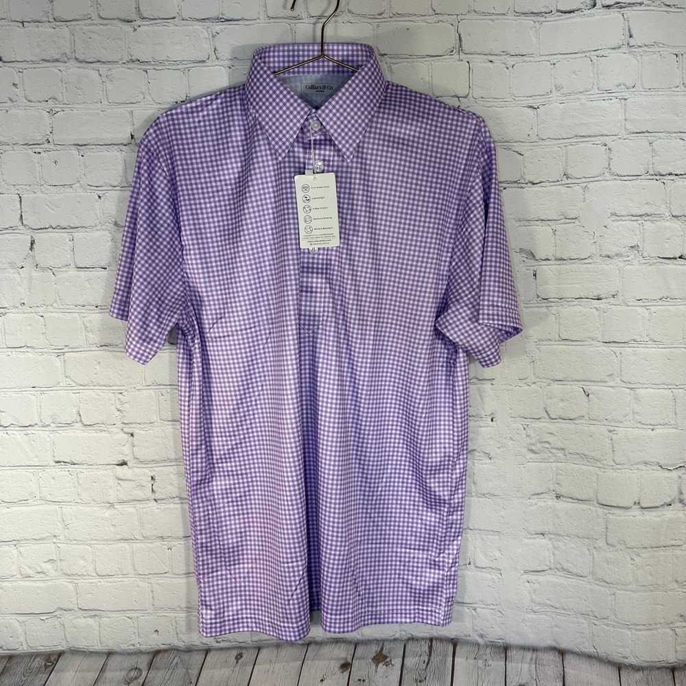 New Collars & Co Mens Purple Gingham Dress Collar Polo Performance Shirt Medium